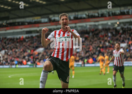 22nd September 2018, Bramall Lane, Sheffield, England; Sky Bet Championship Sheffield United v Preston North End ;  Chris Basham (06) of Sheffield United celebrates his goal to make it 2-0    Credit: Mark Cosgrove/News Images    EDITORIAL USE ONLY No use with unauthorised audio, video, data, fixture lists, club/league logos or 'live' services. Online in-match use limited to 45 images, no video emulation. No use in betting, games or single club/league/player publications and all English Football League images are subject to DataCo Licence Stock Photo