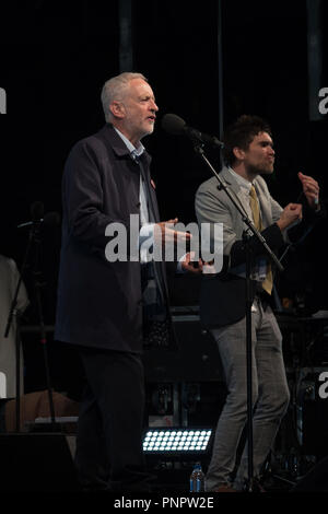 Liverpool, UK. 22nd September 2018. Labour Leader Jeremy Corbyn gives a rousing speech to huge crowds at the Pier Head rally ahead of the Labour Party Conference. Credit: Ken Biggs/Alamy Live News. Stock Photo