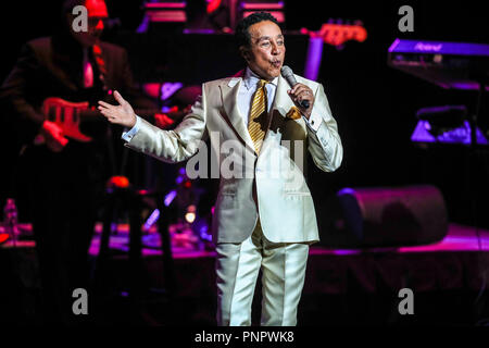 Durham, North Carolina, USA. 12th May, 2018. SMOKEY ROBINSON performs in concert in Durham, North Carolina. William ''Smokey'' Robinson Jr. is an American singer, songwriter, record producer, and former record executive. Robinson was the founder and front man of the Motown vocal group the Miracles, for which he was also chief songwriter and producer. Credit: Andy Martin Jr./ZUMA Wire/Alamy Live News Stock Photo