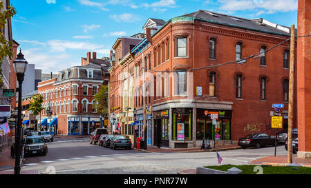 Corner of Fore & Market Sts. of Historical Old Port, a district of Portland, Maine, known for its cobblestone streets, 19th century brick buildings. Stock Photo