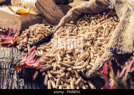 Wooden pressed pellets and briquettes from biomass with autumn leaves. Stock Photo