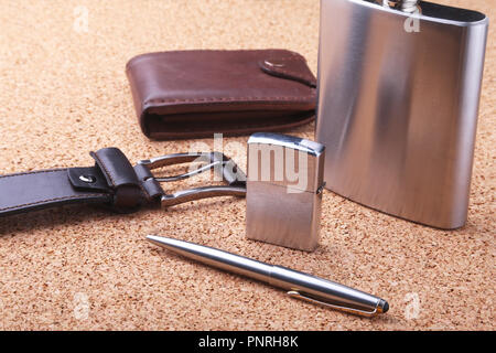 Gadgets And Accessories For Men On Light Wooden Background. Fashionable Men  S Belt, Wallet, Lighter, Stainless Hip Flask And Pen. Stock Photo, Picture  and Royalty Free Image. Image 96249300.