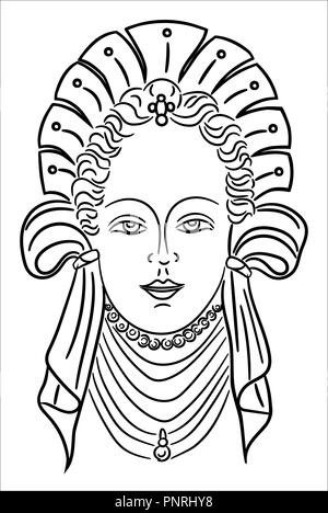 Portrait of a girl in vintage clothing, Linear drawing,, Old times. An old portrait of a woman. white, Vector Stock Vector