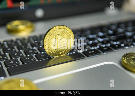 Golden Litecoin coin with gold coins lying around on a black keyboard of silver laptop and diagram chart graph on a screen as a background. Mining of litecoins online bussiness. Trading. Stock Photo