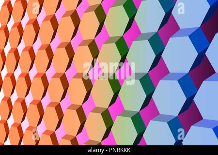 Diagonal symmetrical pattern of hexagons in orange and blue colors, simulated 3D Stock Vector