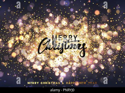 Christmas background with golden lights bokeh. Xmas greeting card. Magic holiday poster, banner. Night bright gold sparkles background Stock Vector