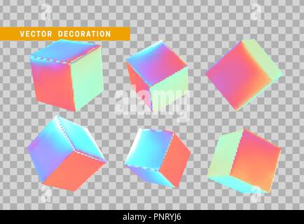 Design element set in shape of 3d cubes bright neon color. Square isolated with transparent background Stock Vector
