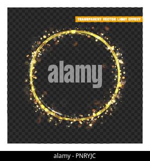 Gold circle frame with glowing lights and sparkle bokeh effects, isolated on transparent background. Shining golden round. Luxury premium design template. Stock Vector