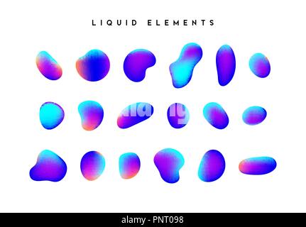 Gradient iridescent shapes. Set isolated liquid elements of holographic chameleon design palette of shimmering colors. Modern abstract pattern, bright colorful paint splash fluid. Stock Vector