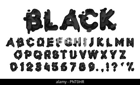 Alphabet colors black. Paper cut letter. Fluid typeface, texture style papercut. Design 3d sign isolated on white background. Alphabet font of melting liquid. Stock Vector