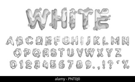 Alphabet colors white. Paper cut letter. Fluid typeface, texture style papercut. Design 3d sign isolated on white background. Alphabet font of melting liquid. Stock Vector