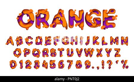 Alphabet colors orange and lilac. Paper cut letter. Fluid typeface, texture style papercut. Design 3d sign isolated on white background. Alphabet font of melting liquid. Stock Vector