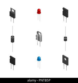 Set of different active and passive electronic components isolated on white background. Flat 3D isometric style, vector illustration. Stock Vector