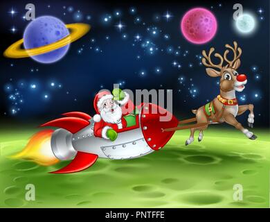 Santa Claus Rocket Sleigh Space Christmas Cartoon Stock Vector