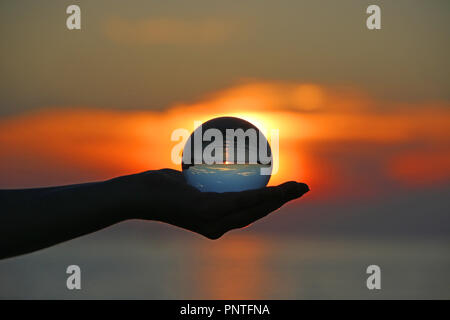 Crystal Ball Refraction Sunset Photography. Rovinj, Istria, Croatia Stock Photo