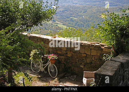 Pretty Painted Bicycle and scenic view.  Groznjan Istria Croatia Stock Photo