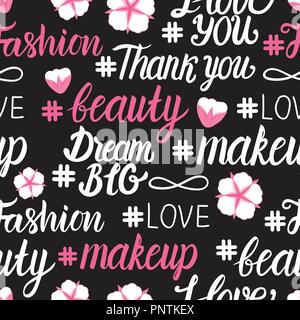 Female beauty inscription seamless pattern with white flower. Pink lettering isolated on black background. Vector illustration. Stock Vector
