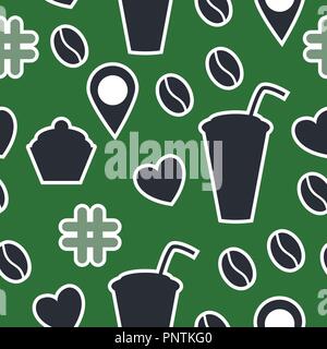 Seamless pattern of coffee. Vector illustration of stickers isolated on a green background. Stock Vector