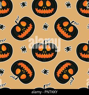 Dark Jack lantern pumpkin Happy Halloween jackolantern seamless pattern.Vector illustration isolated on gold background. Stock Vector
