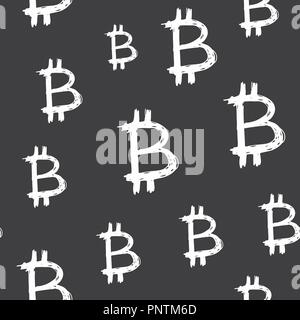 Bitcoin sign icon brush lettering seamless pattern, Grunge calligraphic symbols background, vector illustration. Stock Vector