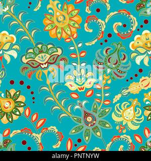 Seamless floral background. Colorful flowers and leafs on blue background. Vector illustration. Stock Vector