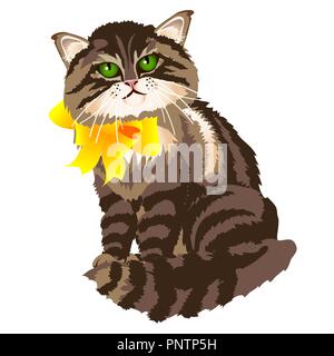 Cute fluffy tabby cat with yellow ribbon bow isolated on a white background. Vector cartoon close-up illustration. Stock Vector