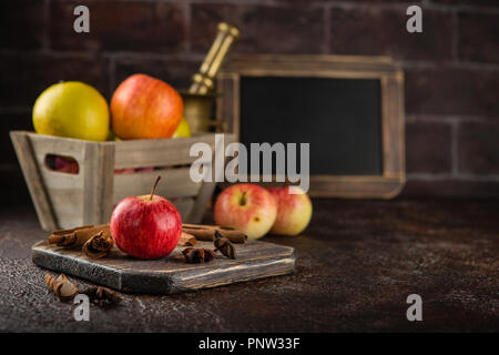 Apples, cinnamon sticks, anise stars and a copper mortar on a dark background Stock Photo