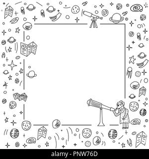 Vector square frame design of astronomer and astronomic objects. Stock Vector