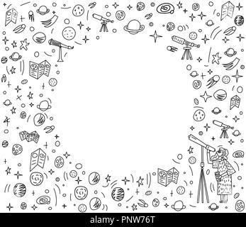 Vector round frame design of astronomer and astronomic objects. Stock Vector