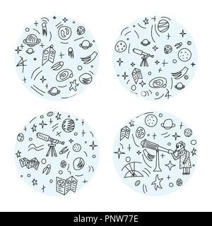 Vector round set coupon design of astronomer and astronomic objects. Stock Vector