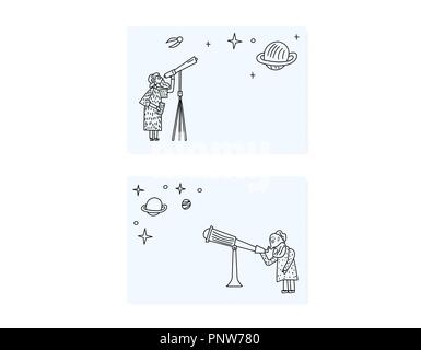 Vector design of astronomer and astronomic objects. Stock Vector