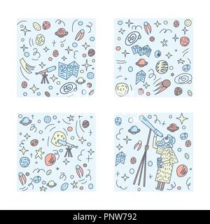 Vector design of astronomer and astronomic objects. Stock Vector