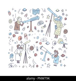 Vector design of astronomer and astronomic objects. Stock Vector