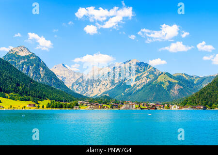 View of Pertisau village on shore of beautiful Achensee lake on sunny summer day, Tirol Stock Photo