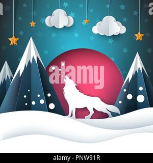 Cartoon paper landscape. Wolf illustration. Merry christmas. Stock Vector