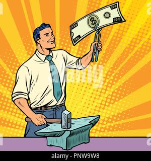 Businessman blacksmith forges dollars money on the anvil. Pop art retro illustration vintage kitsch drawing Stock Vector