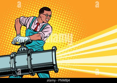 Worker opens the tap of an oil or water pipe. African American people. Pop art retro vector illustration vintage kitsch Stock Vector