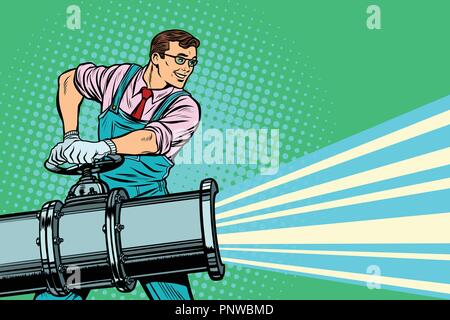 Worker opens the tap of an oil or water pipe. Pop art retro vector illustration vintage kitsch Stock Vector