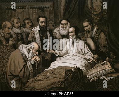 John Calvin (1509-1564). French theologian and reformer. Last moments of Calvin. Engraving, 1882. Stock Photo