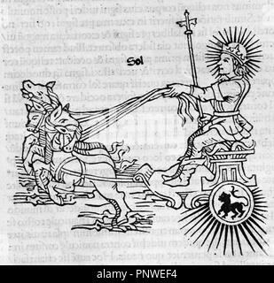 Helios. Personification of the Sun. Depicted as a young man riding a chariot pulled by four horses and with a crown of lightning. Engraving from Astronomicon, by the Latin author Gaius Julius Hyginus (64 BC-17 AD). Incunabula 283. Published in Venice, 1485. Library of the University of Barcelona. Catalonia, Spain. Stock Photo