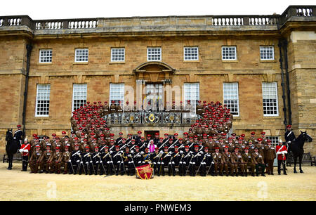 The Prince of Wales (centre, front row) sits for a regimental photograph with members of the Queen's Own Yeomanry at Bramham Park, Bramham, West Yorkshire, during a consecration service to present a new Guidon military standard to the regiment. Stock Photo