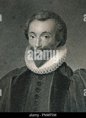 John Donne (1572- 1631) English poet, satirist, lawyer and a cleric in the Church of England. He is considered the pre-eminent representative of the metaphysical poets. Engraving by W. Bromley. Stock Photo