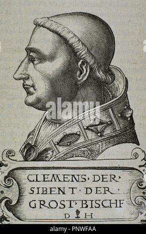 Clement VII (1478–1534), born Giulio di Giuliano de Medici Cardinal from 1513 to 1523 and  Pope from 1523 to 1534. Thanks to his patronage Michelangelo finished the paintings of the Last Judgement in the Sistine Chapel. Engraving by R. Cremer. Stock Photo