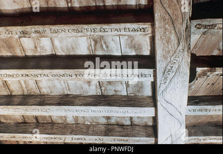 Library of writer and french humanist Michel de Montaigne (1533-1592). Detail of inscriptions in the roof-beam. Montaigne Castle. France. Stock Photo