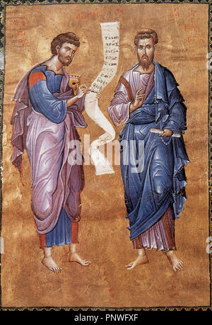 New Testament. The apostle James and St. Luke writing the Gospel. Miniature of the 13th century. Vatican Apostolic Library. Stock Photo