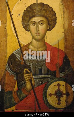 BYZANTINE ART. GREECE. Icon with Saint George made by the workshop of Constantinople. Dated at XIV century. Byzantine Museum. Athens. Stock Photo