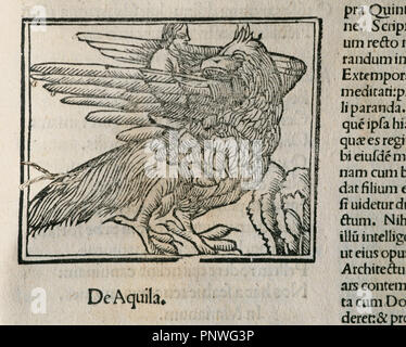 Eagle. Detail of the book Epigrams by Martial (40-104), latin poet. Latin edition. Venice. 1514. Stock Photo