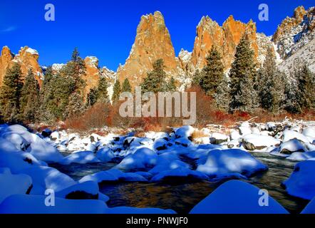 Winter Snow at Smith Rock State Park and the Crooked River Near Redmond Oregon Stock Photo