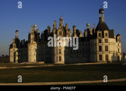 Renaissance Art. France. 16th century. Castle of Chambord. Attributed to Domenico da Cortona  (ca 1465- ca 1549). Built by order of King Francis I between 1519-1539, along the river Closson. Exterior. Northwest fac ade. Loire Valley.