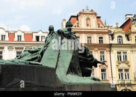 Czech Republic. Prague.  Old Town Square. Jan Hus Memorial, reformer and redecessor to Protestatism (1369-1415). Sculptural group designed by Ladislav Saloun (1870-1946), 1901-1915. Detail. Art Nouveau period. Stock Photo